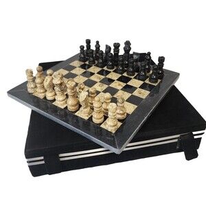 12" Marble Chess Set Storage Case Chess Board Chess Pieces Black & Coral Decor